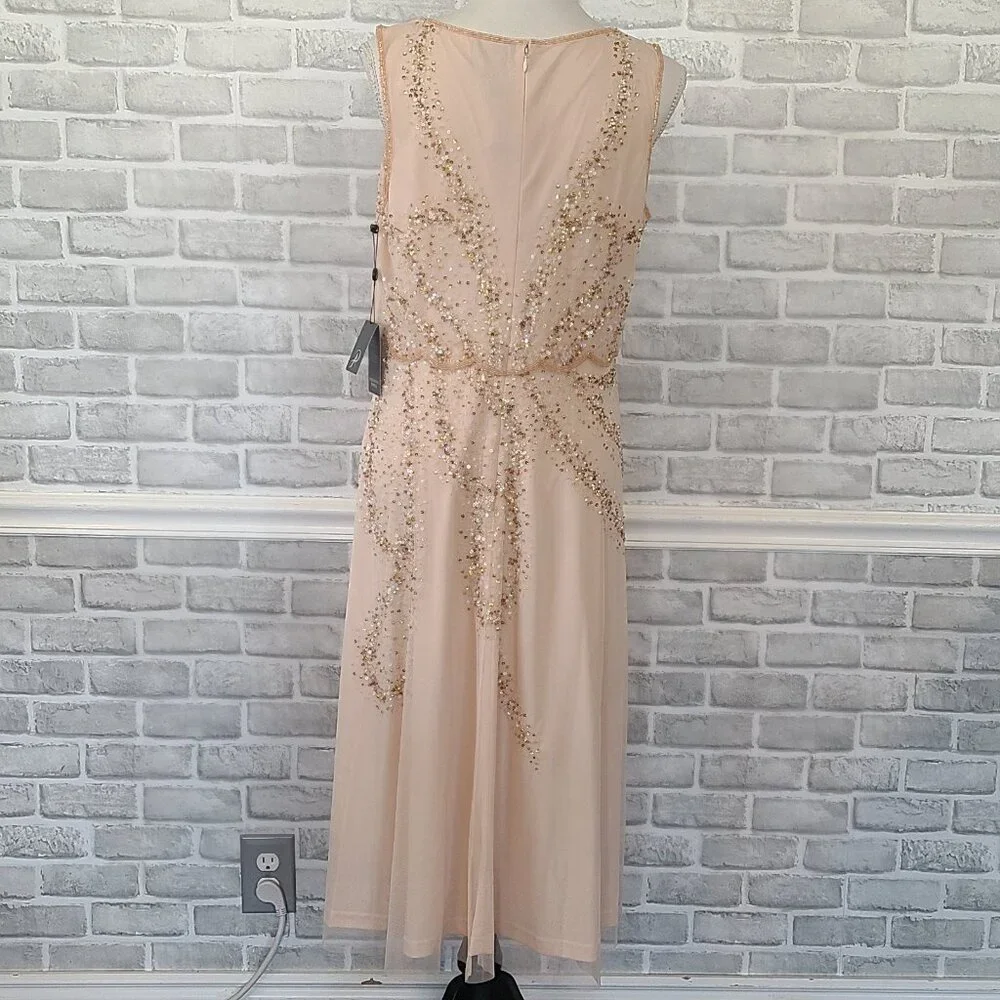 Adrianna Papell NWT Blush Beaded Art Deco Mesh V-Neck Cocktail Midi Dress 12